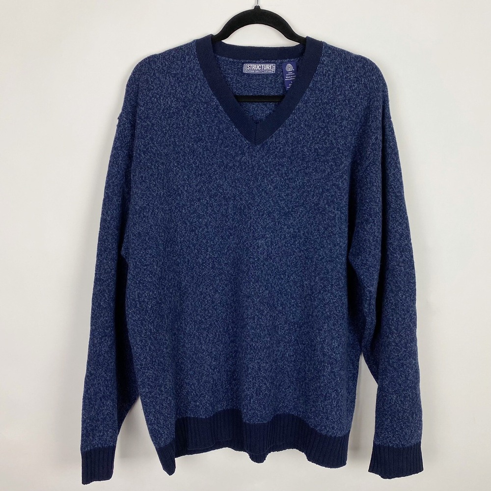 Structure V-Neck 100% Lambswool Marled Knit Sweater Mens Large Blue Navy